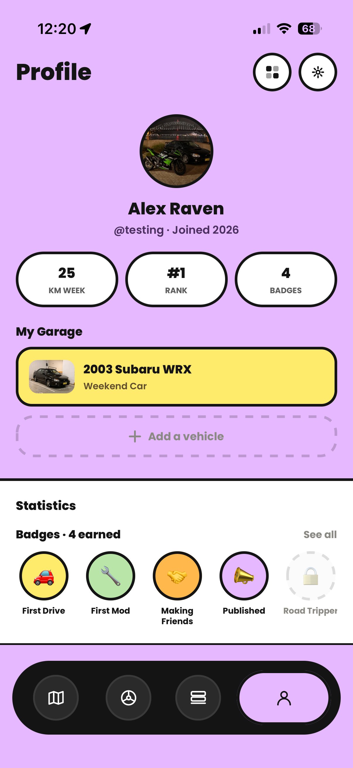 Profile with garage and badges