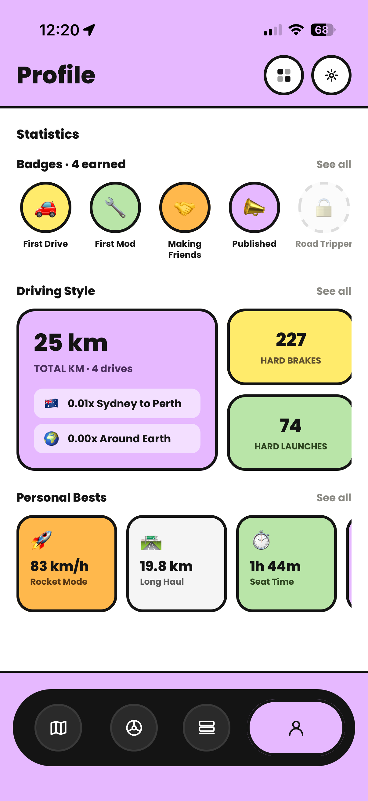 Profile driving style and personal bests